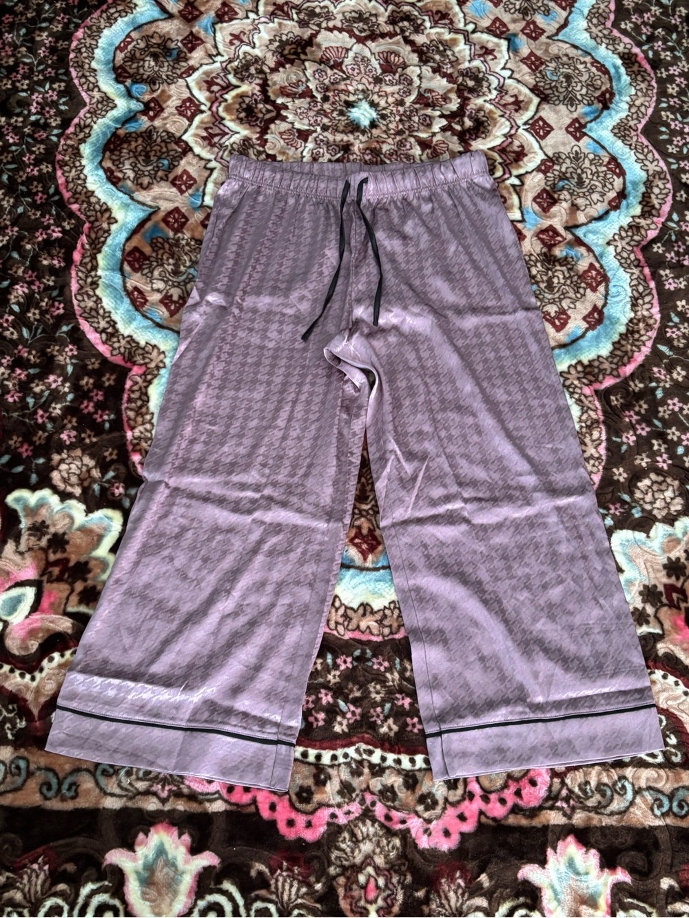 BCBGMaxAzria Lavender Satin Wide-Leg Pajama Pants with Black Drawstring